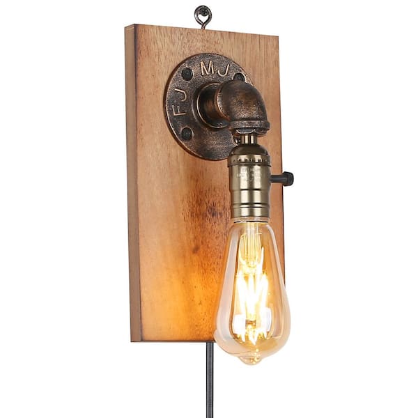 5.5 in. 1-Light Plug in E26 Wall Sconces with Black Shade and Switch, Industrial Wood Base Wall Lamp, not included bulb