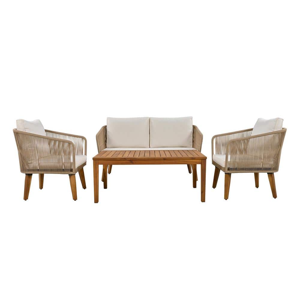 4-Piece Natural Rope Solid Wood Patio Outdoor Conversation Set with Beige C