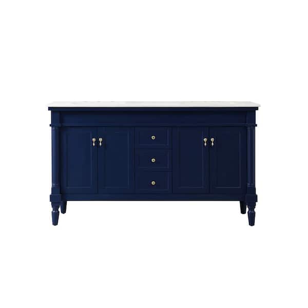 Unbranded Simply Living 60 in. W x 21.5 in. D x 35 in. H Bath Vanity in Blue with White And Brown Vein Marble Top
