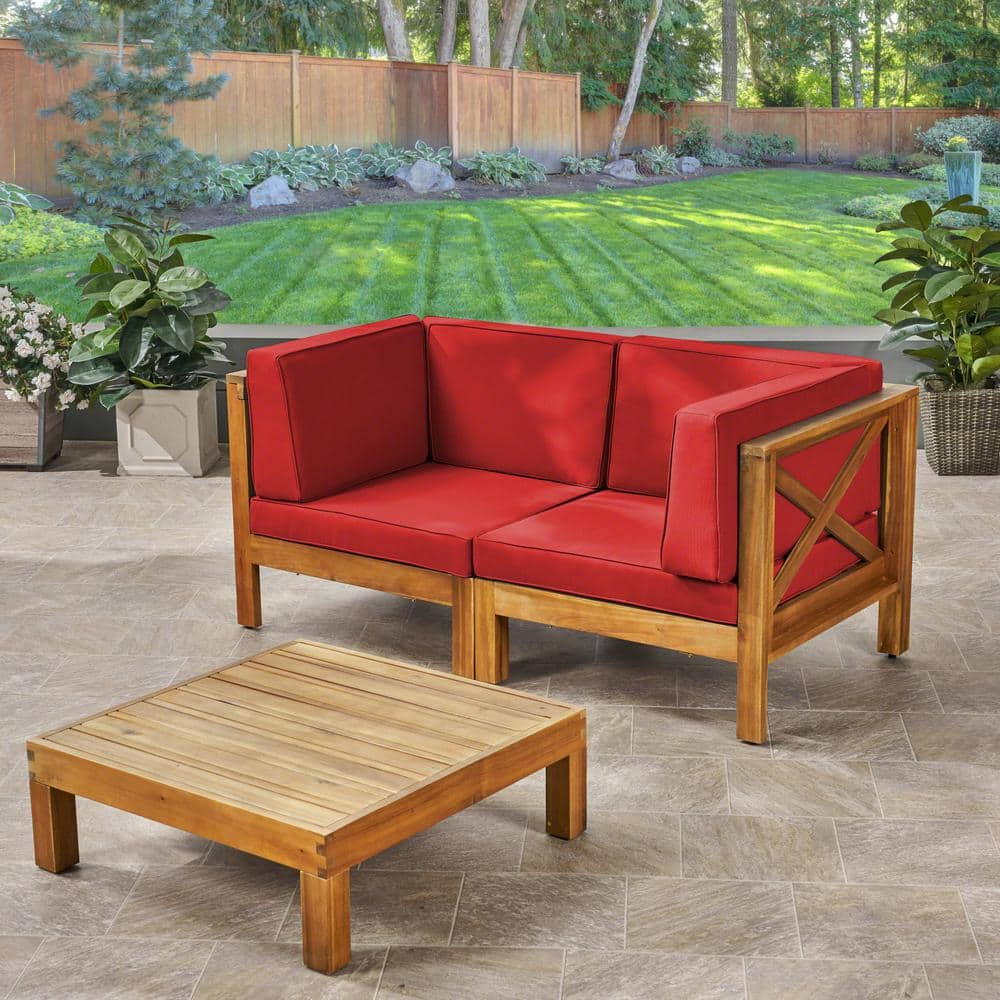 Brava Teak Brown 3-Piece Acacia Wood Patio Conversation Set with Red Cushions -  Noble House, 54504