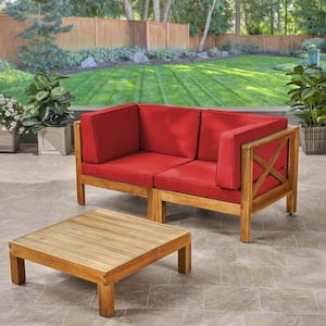 Brava Teak Brown 3-Piece Acacia Wood Patio Conversation Set with Red Cushions