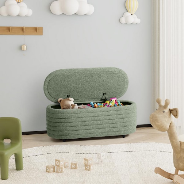 Bayville 42 in. Wide Oval Sherpa Upholstered Entryway Flip Top Storage Bedroom Accent Bench in Ice Green