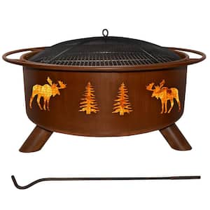 Moose and Trees 29 in. x 18 in. Round Steel Wood Burning Fire Pit in Rust with Grill Poker Spark Screen and Cover