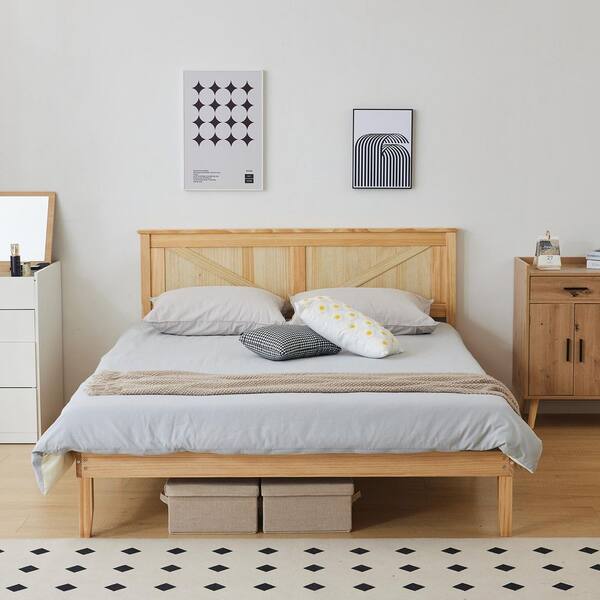 Karl home Multi-Colored Natural Wood Bed Frame Queen Size Platform Bed with Headboard