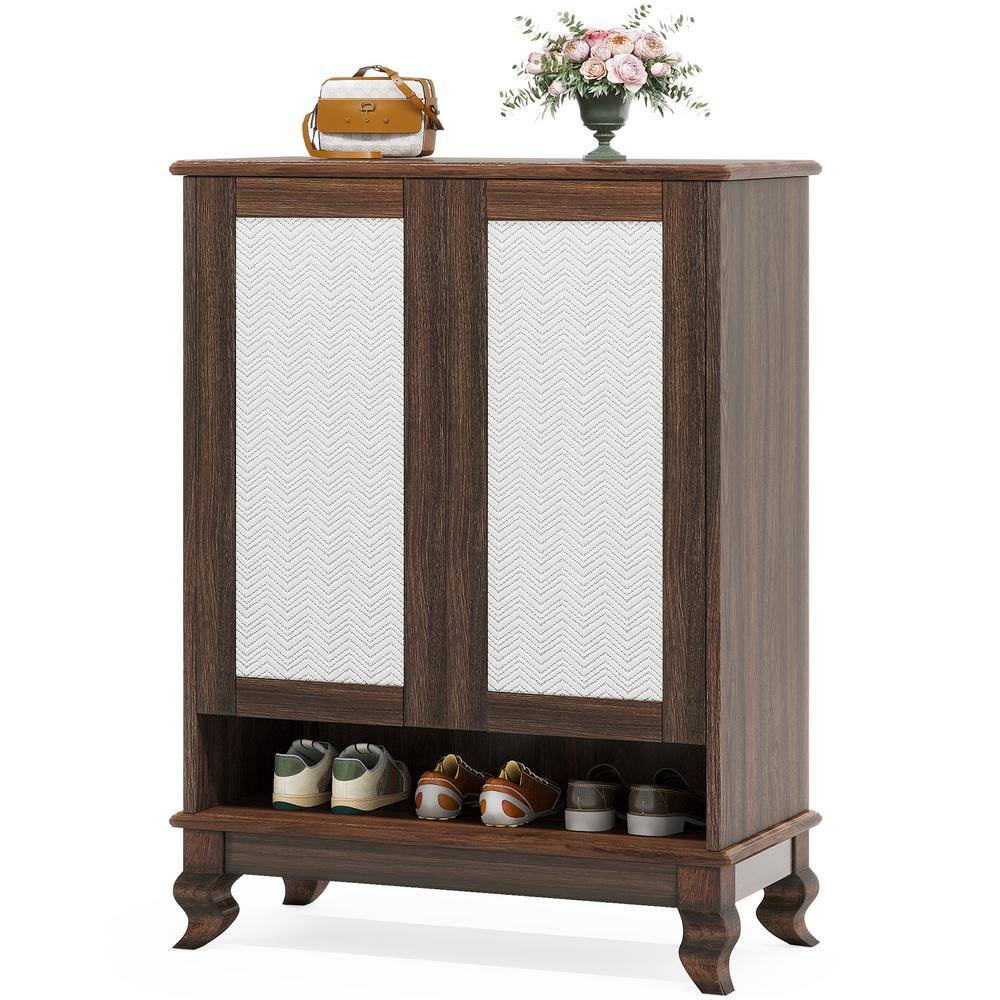 45.28 in. H x 31.5 in. W Dark Walnut Wood Shoe Storage Cabinet with Doors and Adjustable Shelves, 24-Pair