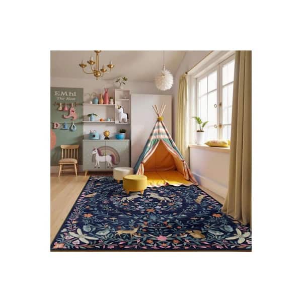 Farmhouse Moroccan Unicorn Floral Washable Non Slip Blue 8 ft. x 10 ft. Living Room Bedroom Area Rug