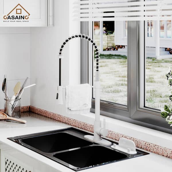 Single Handle Spring Pull Down Sprayer Kitchen Faucet in Brushed Nickel with Dual-Function Sprayhead and Deckplate