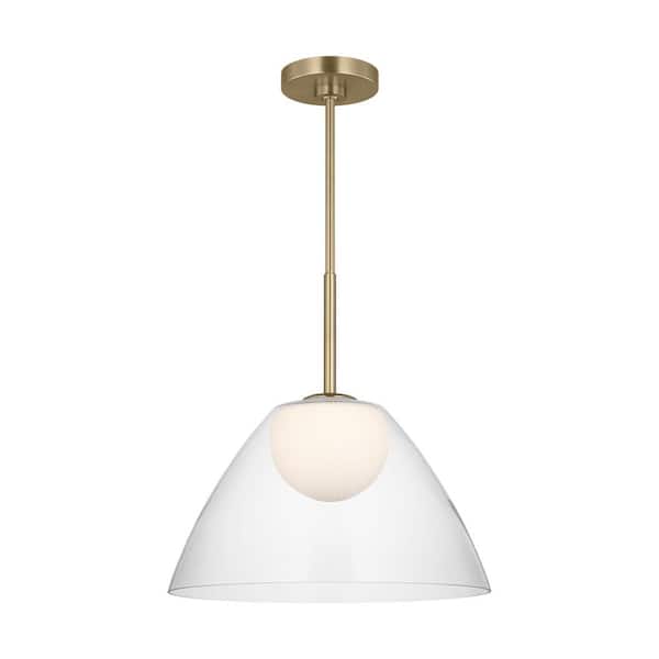 Suma 16 in. W x 16.375 in. H 1-Light Satin Brass Modern Pendant Light with White Opal Etched and Clear Glass Shade