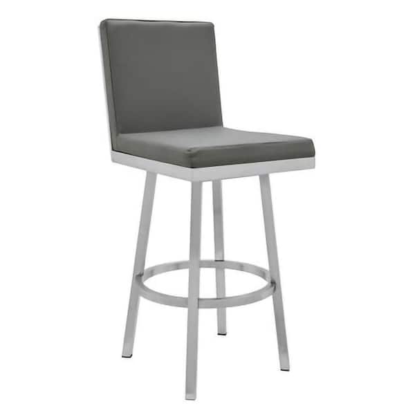 Benjara 26 in. Gray Low Back Metal Frame Barstool with Faux Leather Seat