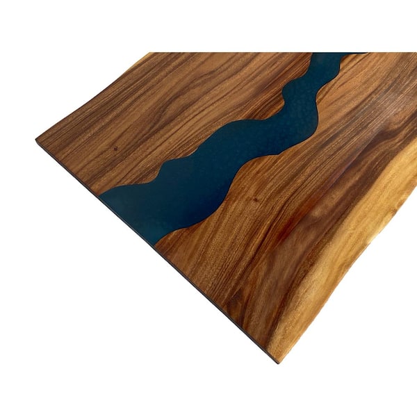 7 ft. L x 40 in. D UV Finished Saman Solid Wood Butcher Block Countertop Island with Live Edge and Blue Epoxy River