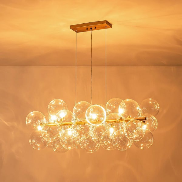 Dvorakova 42.13 in. 10-Light Brass Linear Bubble Cluster Chandelier with Globe Glass Shades for Dining Room