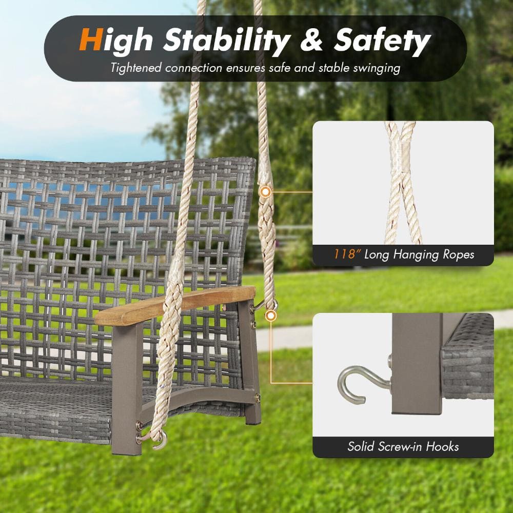 Close-up of the hanging ropes and screw-in hooks of the patio swing.