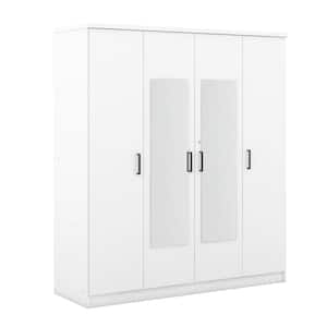 White Wood 59.2 in. 4-Door Wardrobe Armoire with Mirror, 1 drawer, 10 Storage Shelves and 1 Hanging Rail
