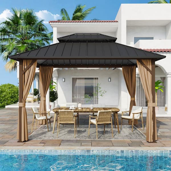 12 ft. x 10 ft. Outdoor Patio Aluminum Frame Gazebo with Double Hardtop Steel Roof, Mosquito Net and Curtains