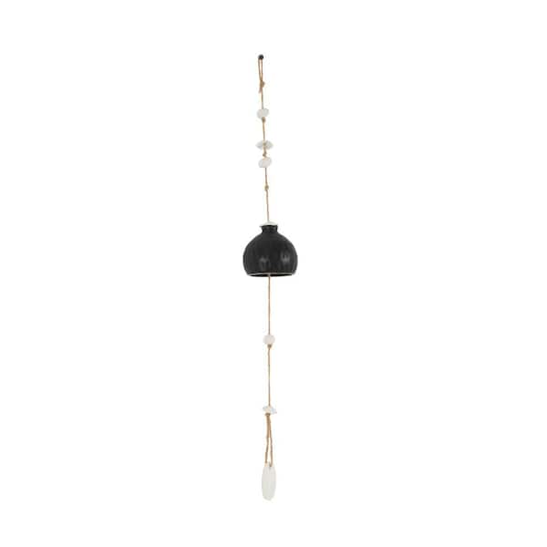 Litton Lane 23 in. Black Ceramic Curved Bell Windchime with Cascading White Disks
