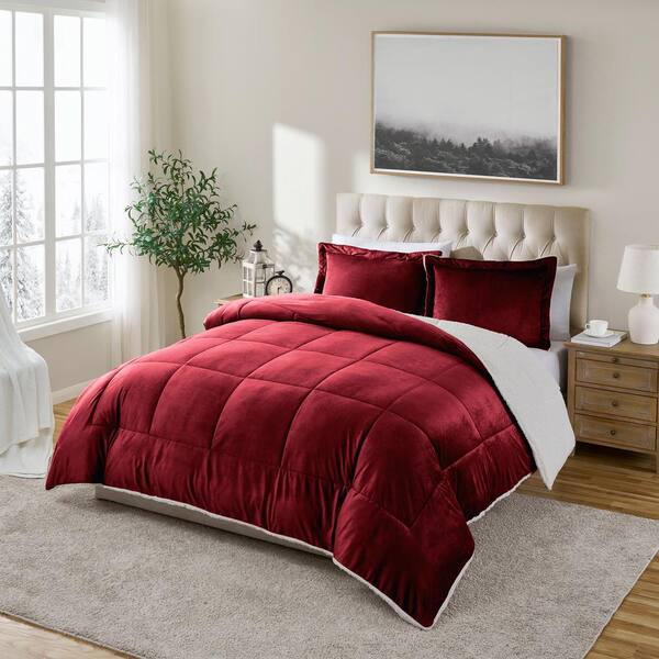 swift home Premium Cold Weather 3-Piece Burgundy Reversible Polyester Micromink and Sherpa King Comforter Set
