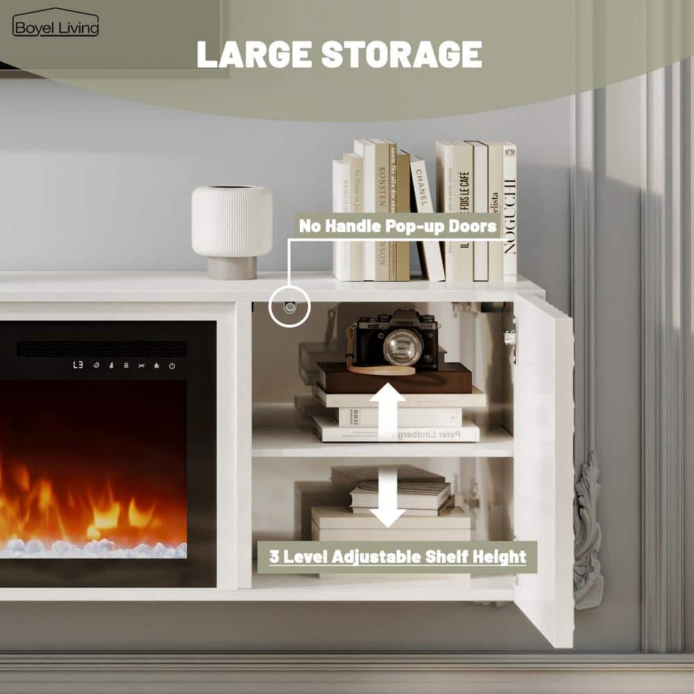 White Wall Mounted TV Stand with Electric Fireplace and Storage