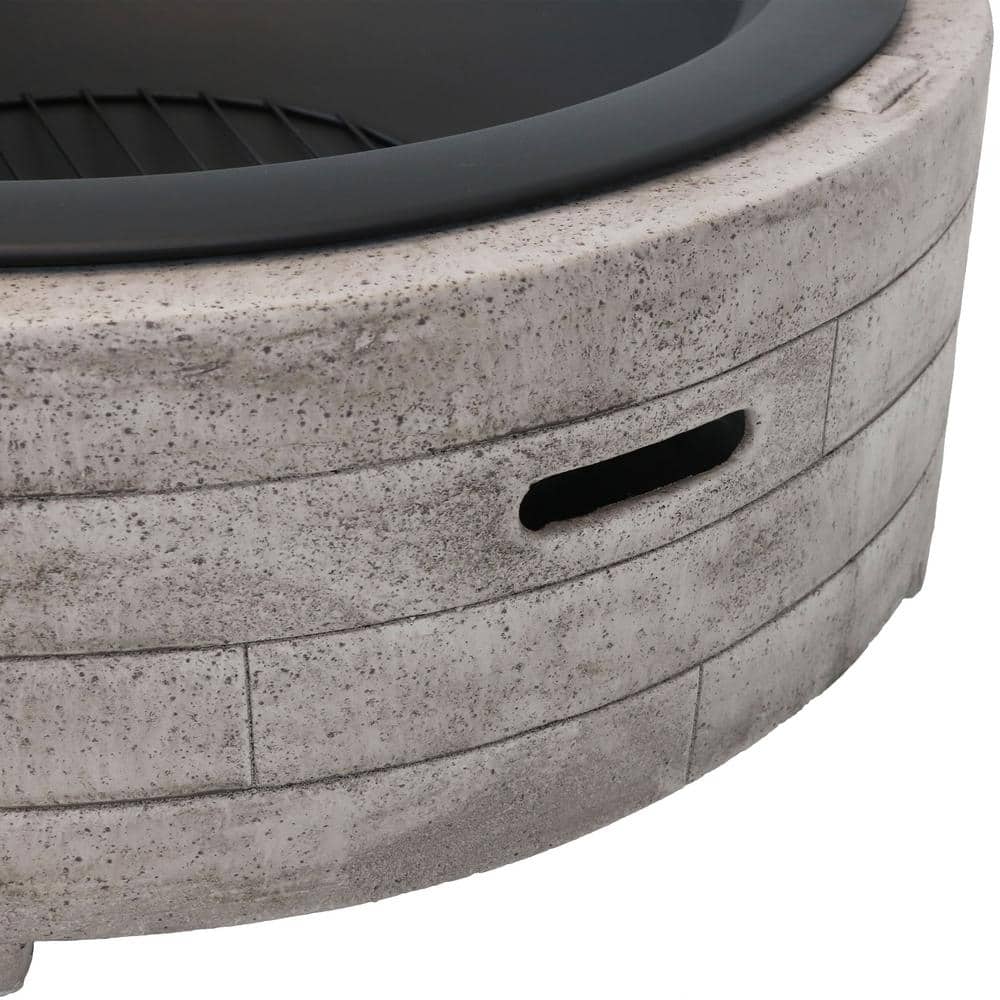 Large Round Gray Faux Stone Wood-Burning Fire Pit with Handles