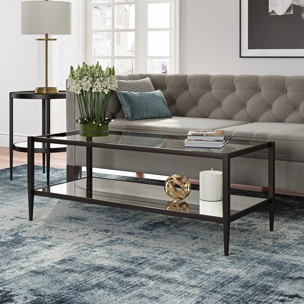Elegant 45" Blackened Bronze Metal & Glass Rectangular Coffee Table