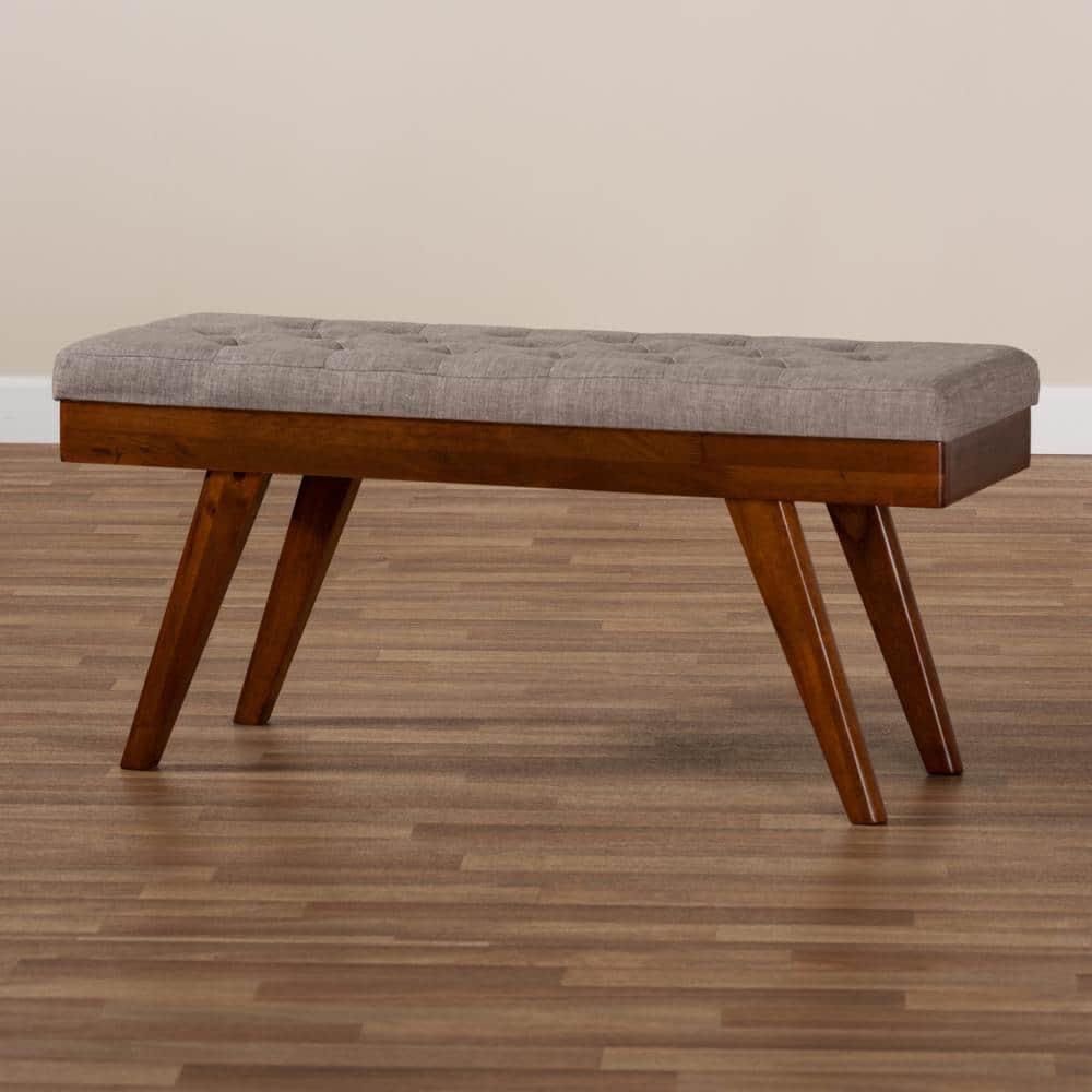 Alona Mid-Century Walnut Brown and Light Grey Fabric Dining Bench