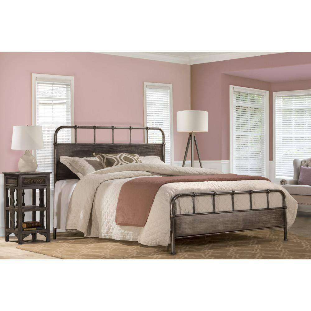 Grayson Queen Black Metal Panel Bed with Upholstered Headboard