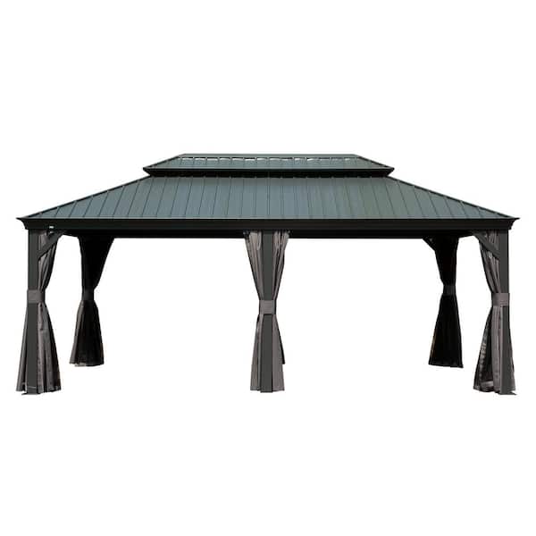domi outdoor living 18 ft. W x 12 ft. D Aluminum Hardtop Gazebo with Galvanized Steel Double Roof Curtains and Netting