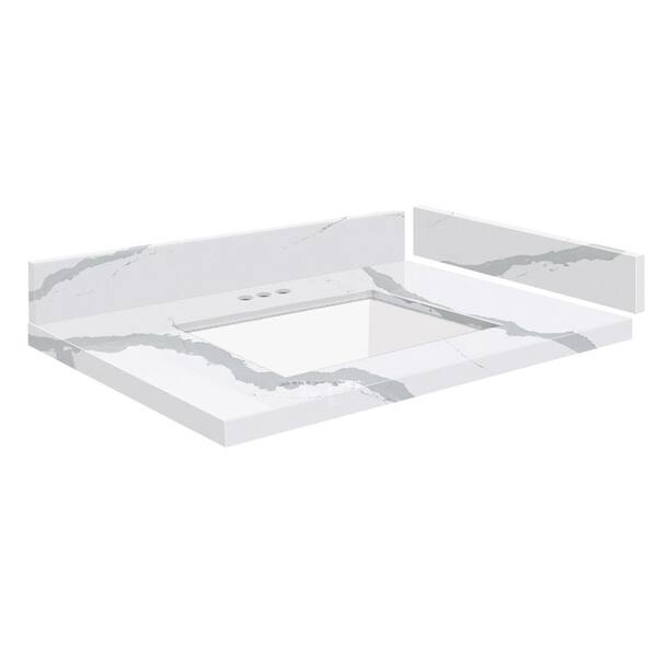 Transolid Silestone 28.5 in. W x 22.25 in. D Quartz White Rectangular Single Sink Vanity Top in Bianco Calacatta