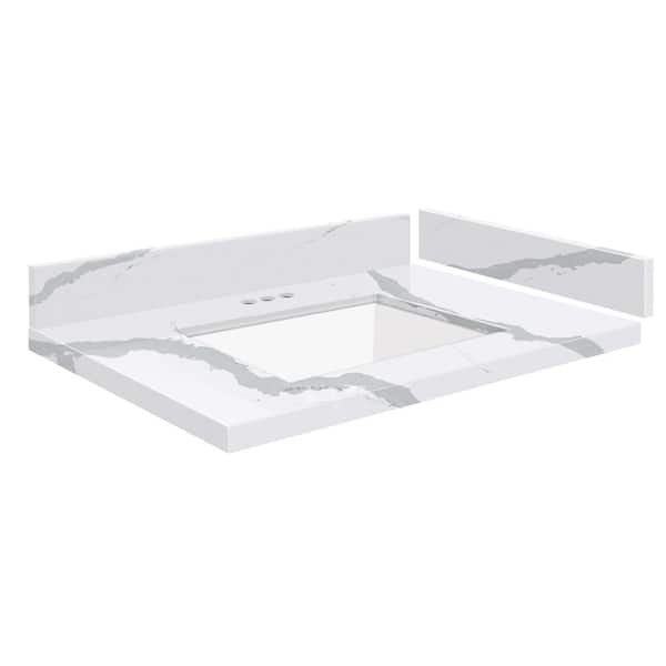Transolid Silestone 28 in. W x 22.25 in. D Quartz White Rectangular Single Sink Vanity Top in Bianco Calacatta