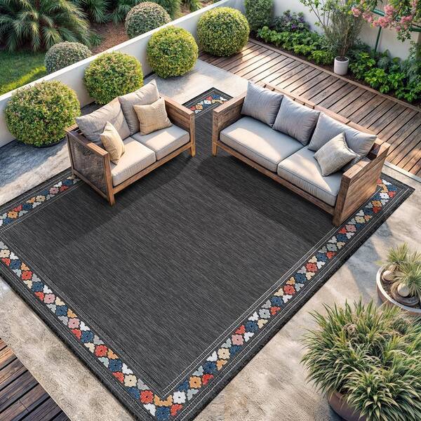 CAMILSON Lara Dark Grey 10 ft. x 14 ft. Bordered Stylish Indoor