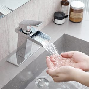 Single Handle Single Hole Bathroom Faucet with Deck Plate, Waterfall Square Bathroom Faucet with Deck Mount in Chrome