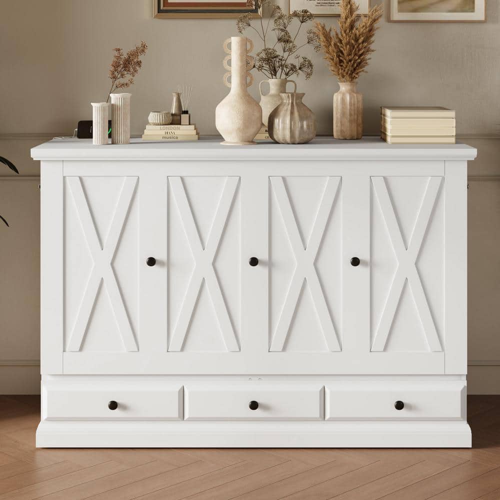 White Wood Frame Queen Size Murphy Bed, Chest Cube Cabinet Bed with Charging Station and Large Storage Drawer