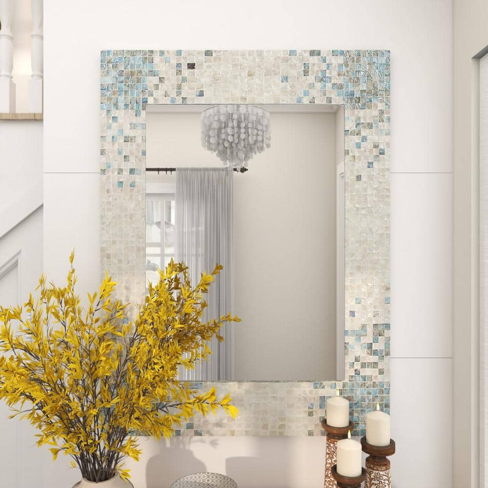 Coastal Cream Rectangular Wall Mirror with Blue Mosaic Corners