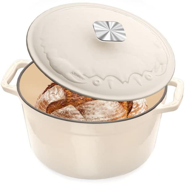 5 qt. Enameled Cast Iron Dutch Oven in Cream White with Crab Lid & Oversized Knob & Ergonomic Handles, Heavy Duty