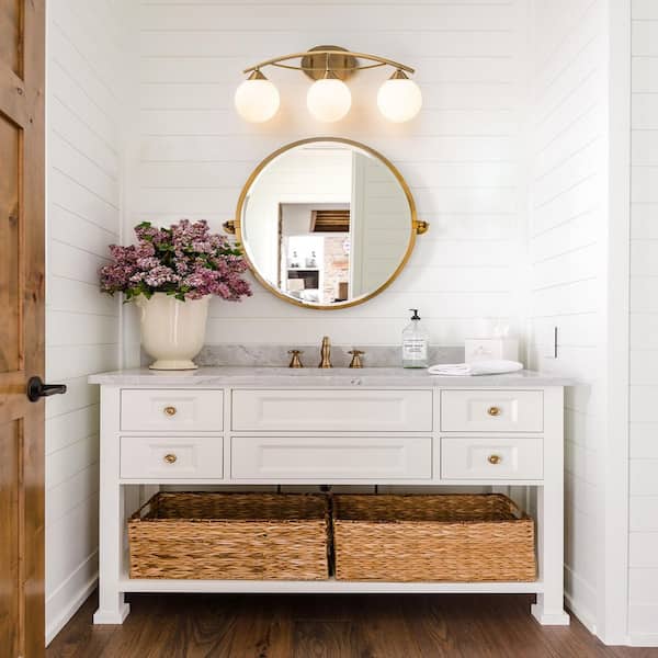 Lucie 24.41 in. 3-Light Brass Bathroom Vanity Light with Opal Glass Shades