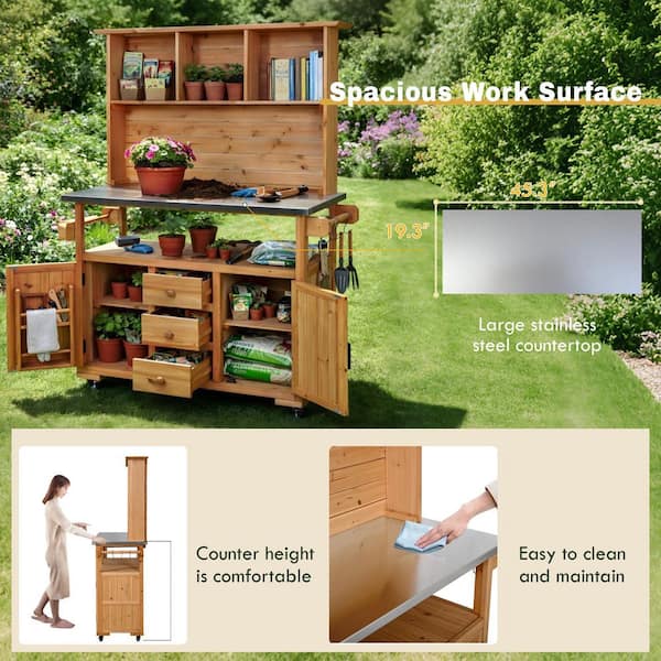 Natural Wood 65 in. H 3-in-1 Garden Potting Bench Kitchen Island