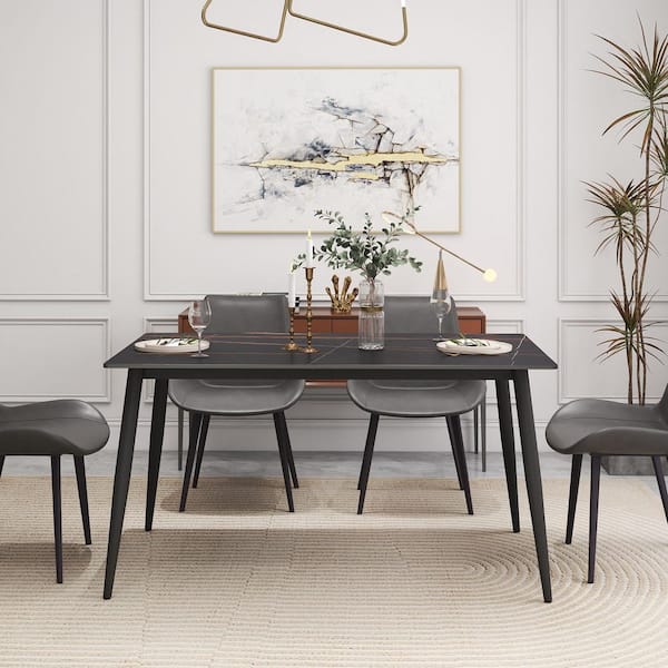 55 in. Black Sintered Stone with Black Metal 4-Legs Dining Table (Seats-4)
