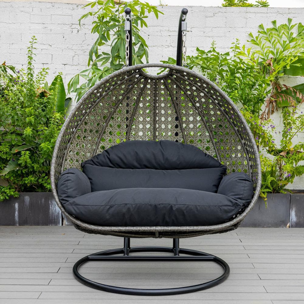 Charcoal Wicker Hanging Egg Chair with Black Cushions