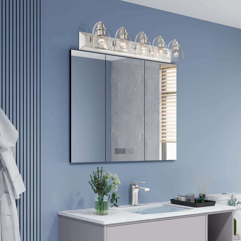 Brushed Nickel 5-Light Bathroom Vanity with Clear Glass Shades