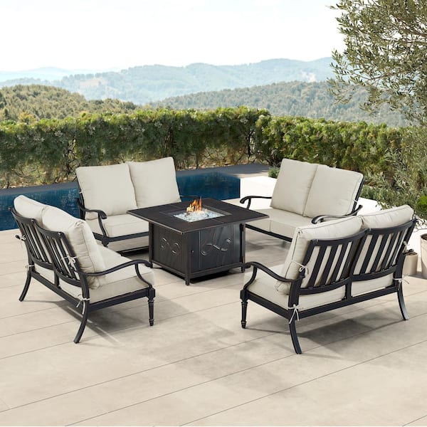 Oakland Living Black 5-Piece Aluminum Patio Fire Table Set with Light Grey Cushions