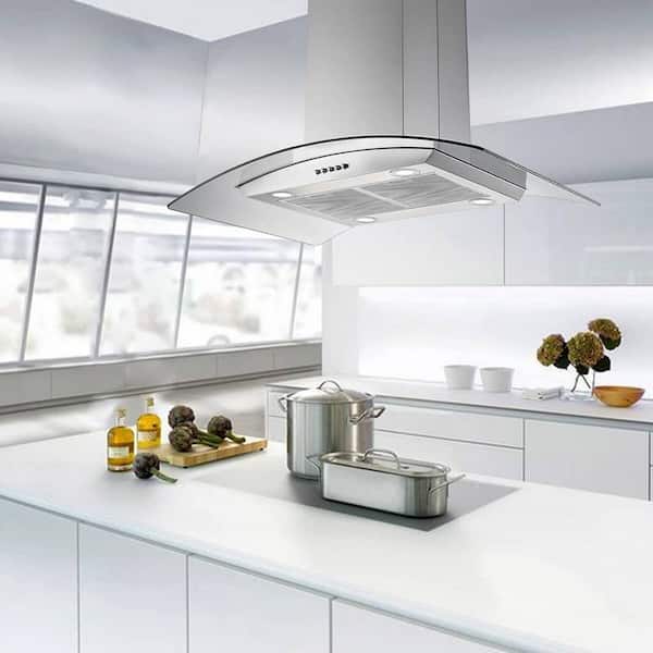 36-in. Silver Stainless Steel Island Mount Range Hood 900CFM Tempered Glass with LED Lights