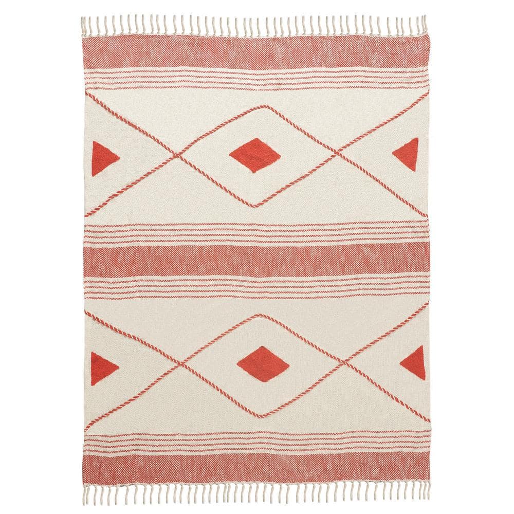 Coastal Edge Red/White Geometric Diamond All Natural Cotton Throw Blanket w