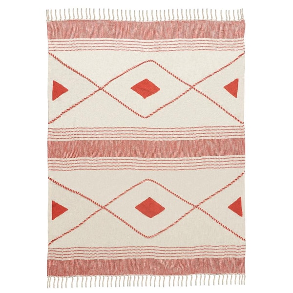 Unbranded Coastal Edge Red/White Geometric Diamond All Natural Cotton Throw Blanket with Fringe