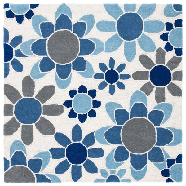 Kids 5 ft. x 5 ft. Ivory/Blue Oversized Floral Square Area Rug