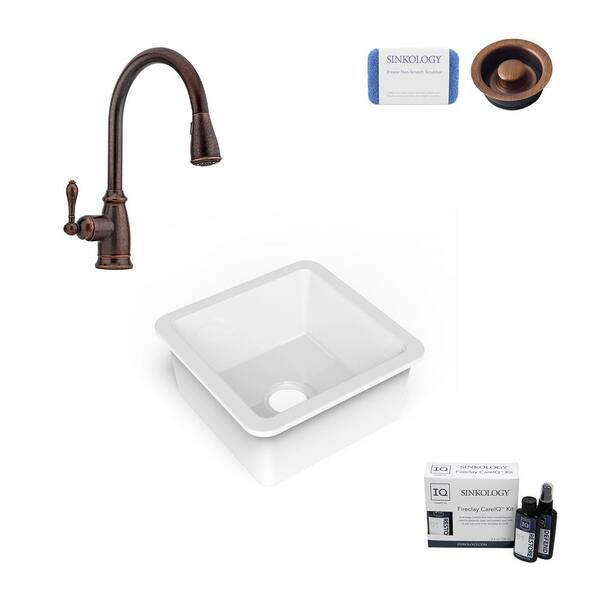 SINKOLOGY Amplify Undermount Fireclay 18.1 in. Single Bowl Bar Prep Sink with Pfister Faucet in Bronze and Disposal Drain