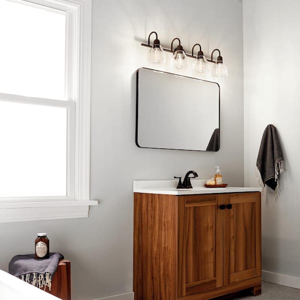 KICHLER Avery 33.25 in. 4-Light Olde Bronze Vintage Bathroom Vanity Light with Clear Seeded Glass