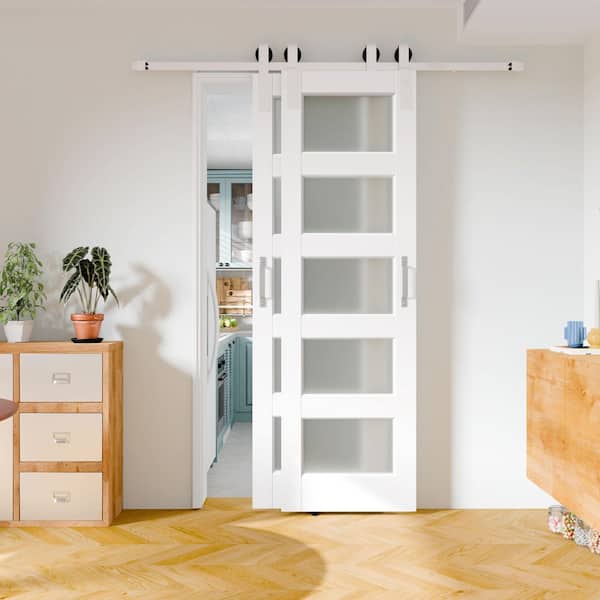 64 in. x 80 in. 5-Lite Frosted Glass White Primed Pine Wood Bypass Barn Door Slab with Nickel-Plated Hardware Kit Set