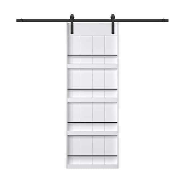 ARK DESIGN 30 in. x 84 in. White Primed Composite MDF Shelves Sliding Barn Door with Hardware Kit