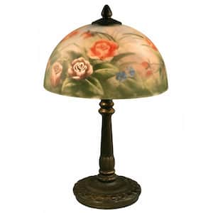 16 in. Antique Bronze Rose Dome Table Lamp with Hand Painted Glass Shade