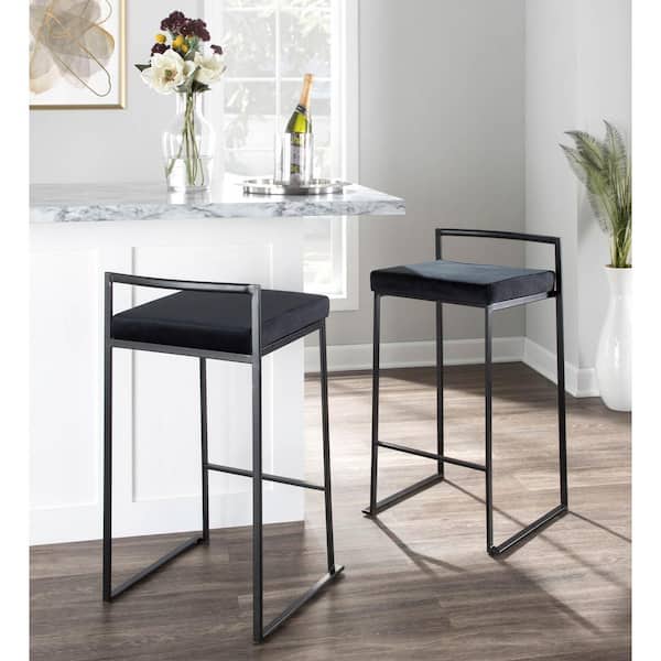Fuji 27.75 in. Black Velvet and Black Metal Stackable Counter Stool (Set of 3)