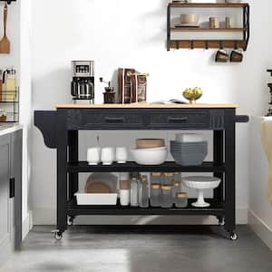 Solid Wood Natural Top Black Rolling Kitchen Cart Wine and Spice Rack, 2 Drawers